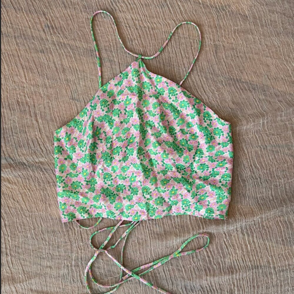 Pink and Green Floral Silk Top